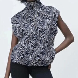 Zara Jacquard Blue, Black, and White Swirl Zipper Vest Size Small